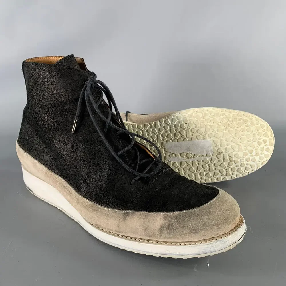 A MCDONALD Size 11 Black Grey Color Block Suede Lace Up Boots